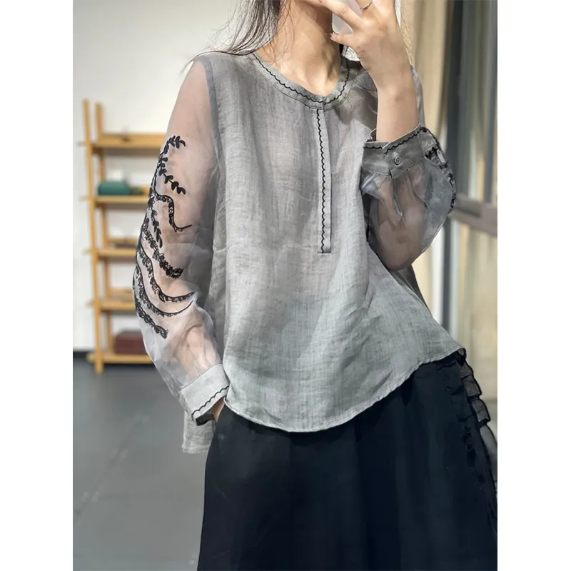 Embroidery Blouse - Women's Sheer Embroidered Sleeve Linen Blouse