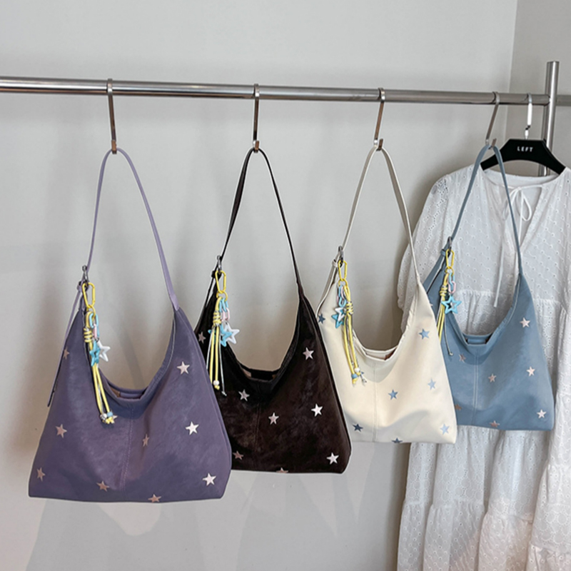 Embroidery Motif - Star Patterned Suede Shoulder Bag,with Star
