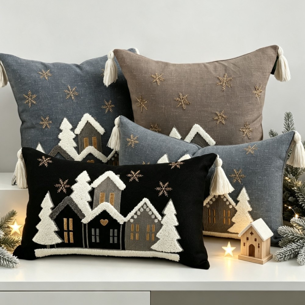 Embroidery Xmas - Christmas Cartoon House Embroidered Throw Pillowcase