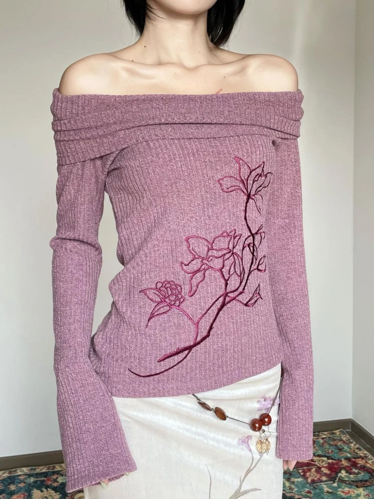 Embroidery Thread Yarn - Purple Floral Embroidered Women Sweaters Off