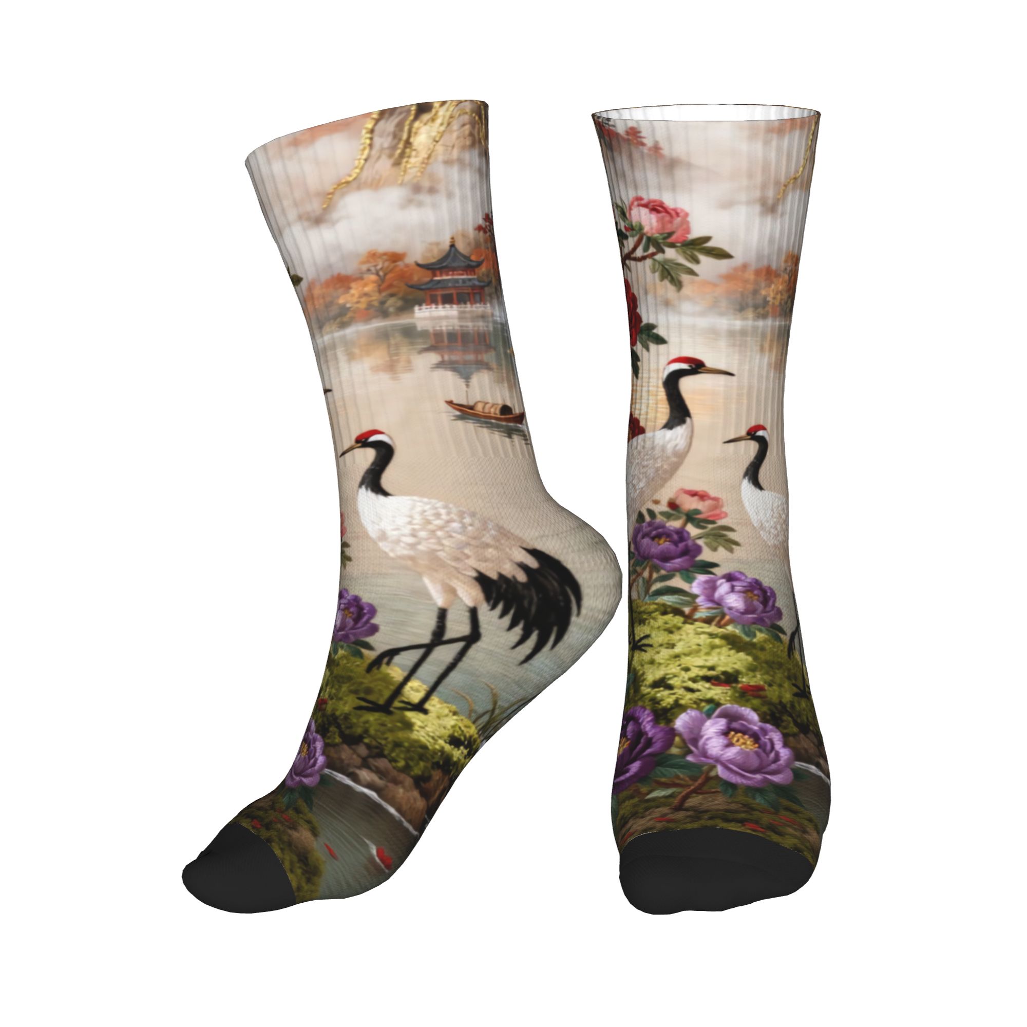 Embroidery Knit - Funny Printing Embroidery Four Crane Peony