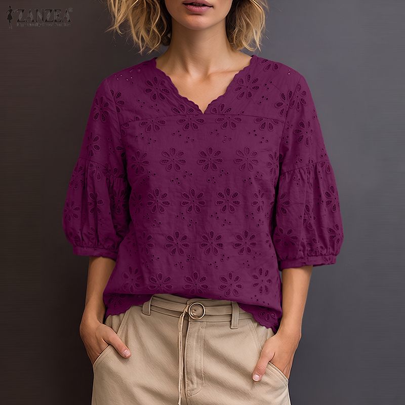 Embroidery Blouse - ZANZEA 2026 Eyelet Embroidery Blouses Woman