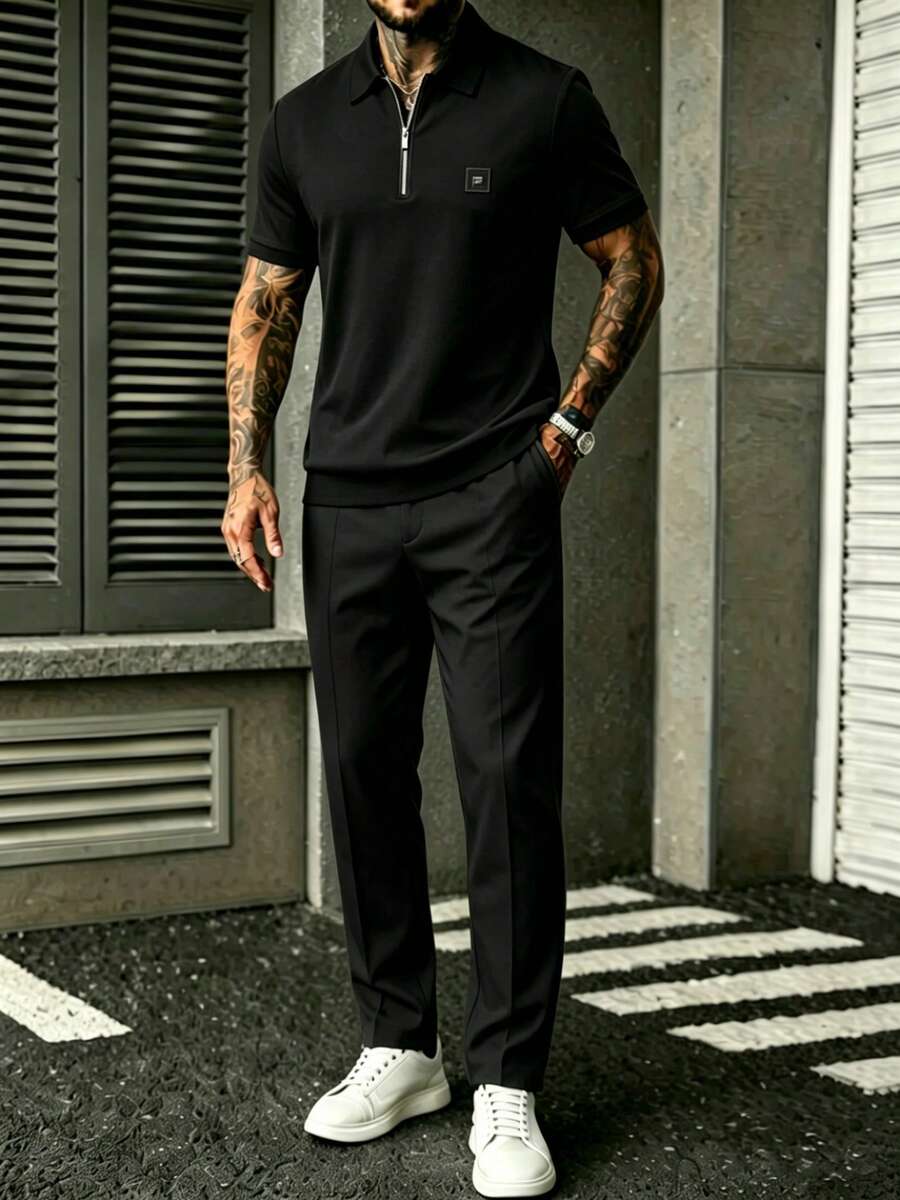 Embroidery Knit - Mens Black Quarter-Sleeve Zip-Up Shirt And