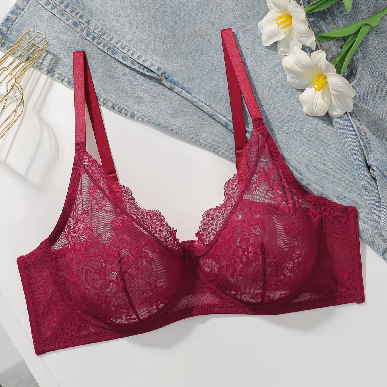 Women Plus Size Red Lace Sheer - огляд і ціна Embroidery Red