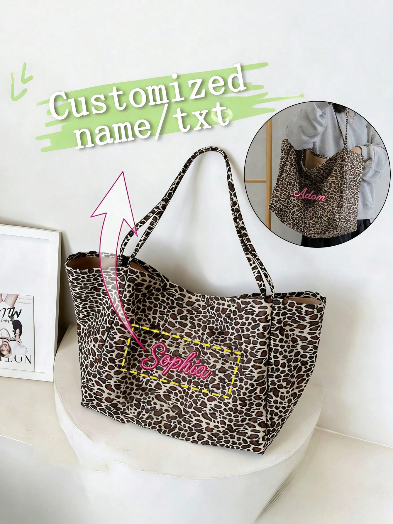 Custom Name Leopard Print Tote - огляд і ціна Embroidery Name